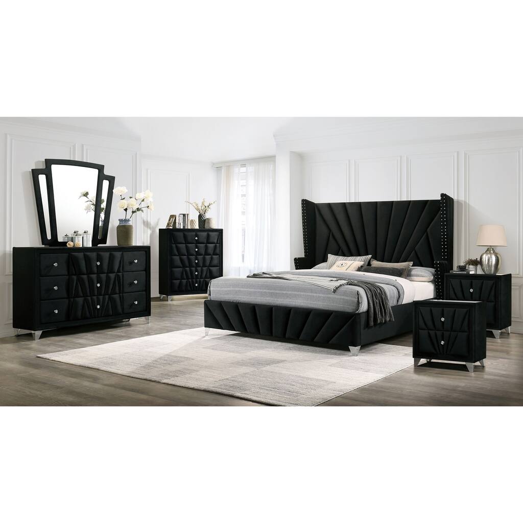 Ambrosia Glam Black Fabric Upholstered Nailhead 6-Piece Panel Bedroom Set by Furniture of America