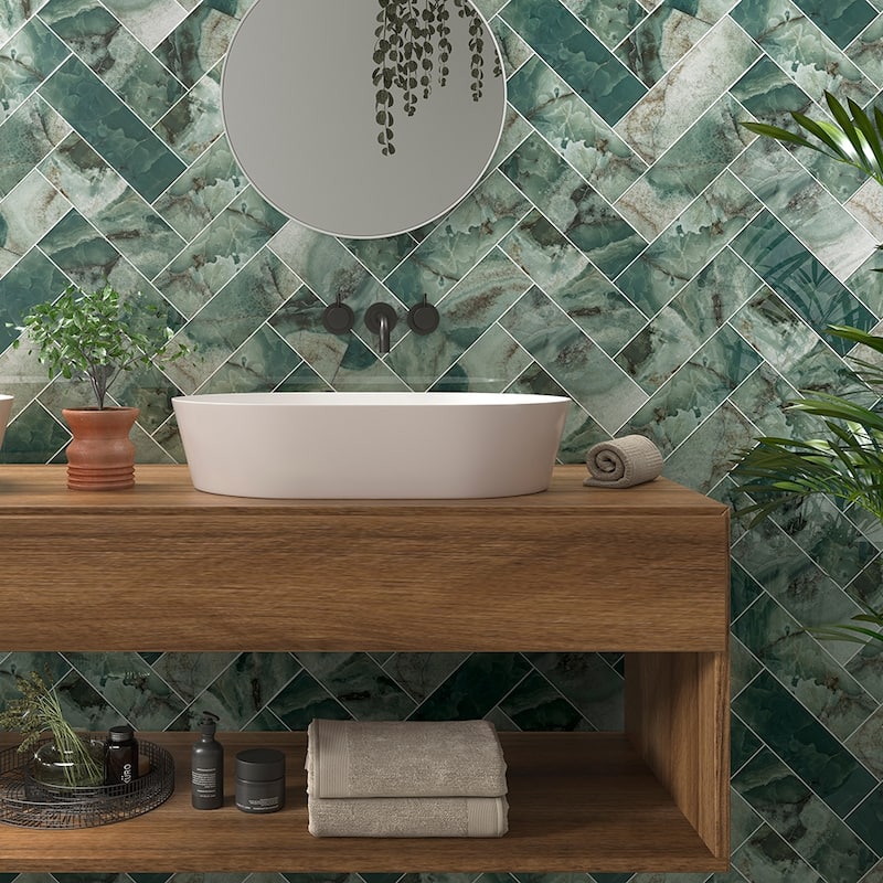 Isla 4x12 Glossy Ceramic Subway Tile - Wall, Backsplash - Emerald - 4 x 4 Sample