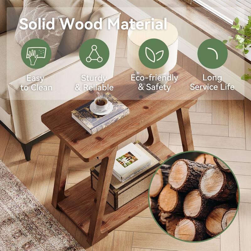 Solid Wood End Table, Narrow Side Table with 2-Tier Storages