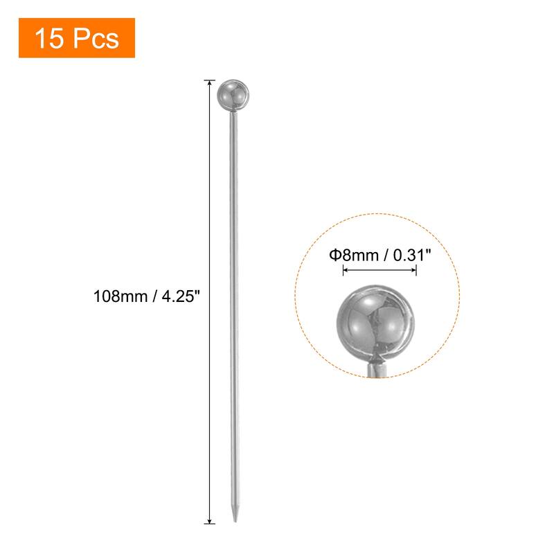 15Pcs Cocktail Toothpicks, 4.25" Metal Cocktail Picks Fruit Sticks - Silver