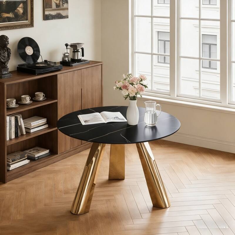 Round Dining Table, Kitchen Table with Stainless Steel Legs, Round Coffee Table Bistro Table for Dining Room - Black+Gold