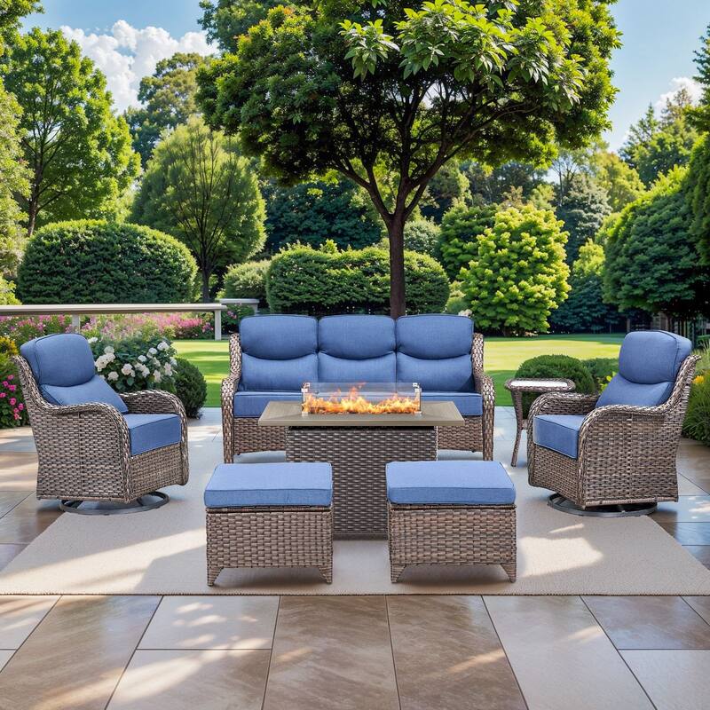 Pocassy 7 Pieces Outdoor 6 Inch Sofa Swivel Chair Ottoman with Fire Table - Blue cushion - Brown Wicker