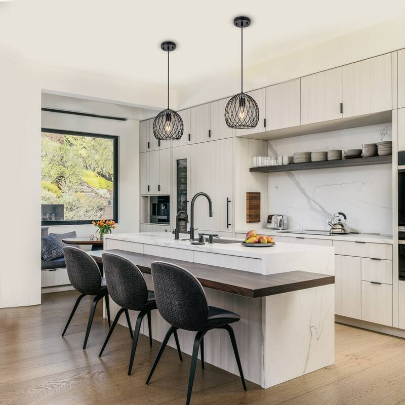 Modern Matte Black Pendant Light with Globe Glass & Wire Cage Kitchen - Dia.8.66-in