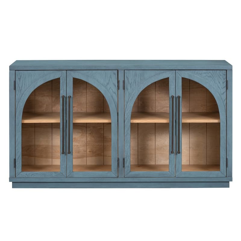 Retro Style Wood Buffet Sideboard with 4 Arched Glass Doors, Kitchen Storage Side Cabinet with Adjustable Shelves