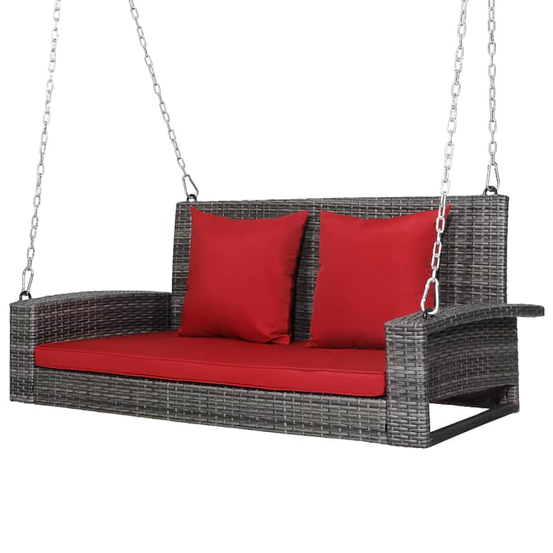 2 Person Wicker Hanging Porch Swing Outdoor Rattan Swing with Cushions - Red