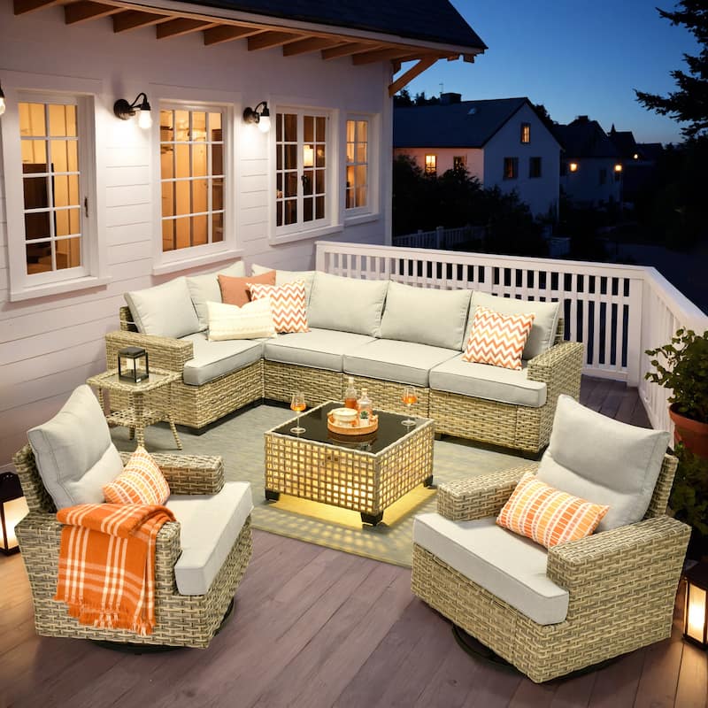 OVIOS 9 Pieces T shaped Seat Wide Armrest Swivel Chair Set With Solar-Powered Table - Grey