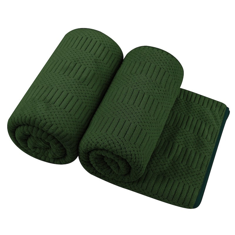 2 Pack Premium Jacquard Fleece Bath Towel, Velvet Highly Absorbent Towels 30"x60" - Woodland Green