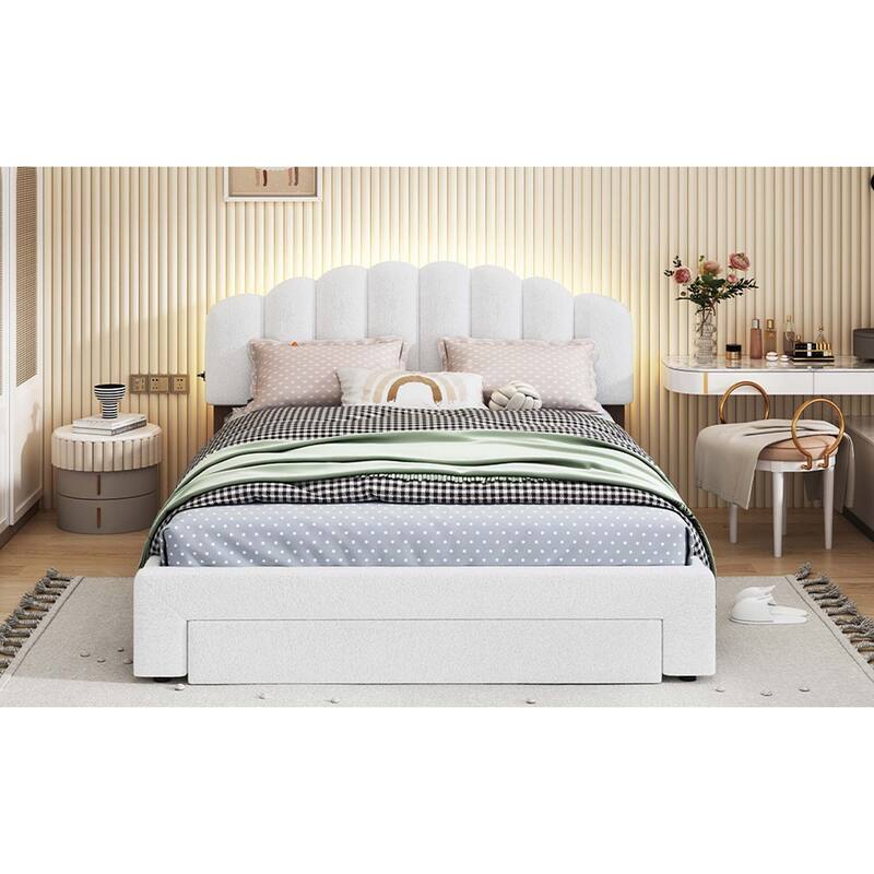 Teddy Fleece Queen Size Upholstered Platform Bed with Drawer