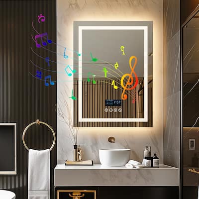 Smart LED Lighted Bathroom Mirror with Bluetooth Speaker Dual LED Light Defog for Square Round Rectangle Wall Mirror