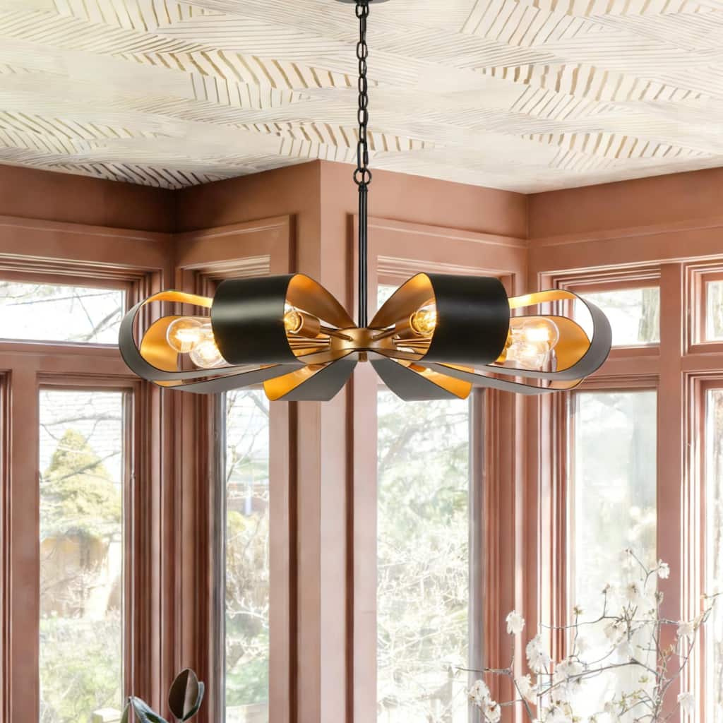 Modern Industrial 8-Light Chandelier Black Gold Floral Pendant Light for Living Room and Dining Room - 32.6 " × 15.8 "