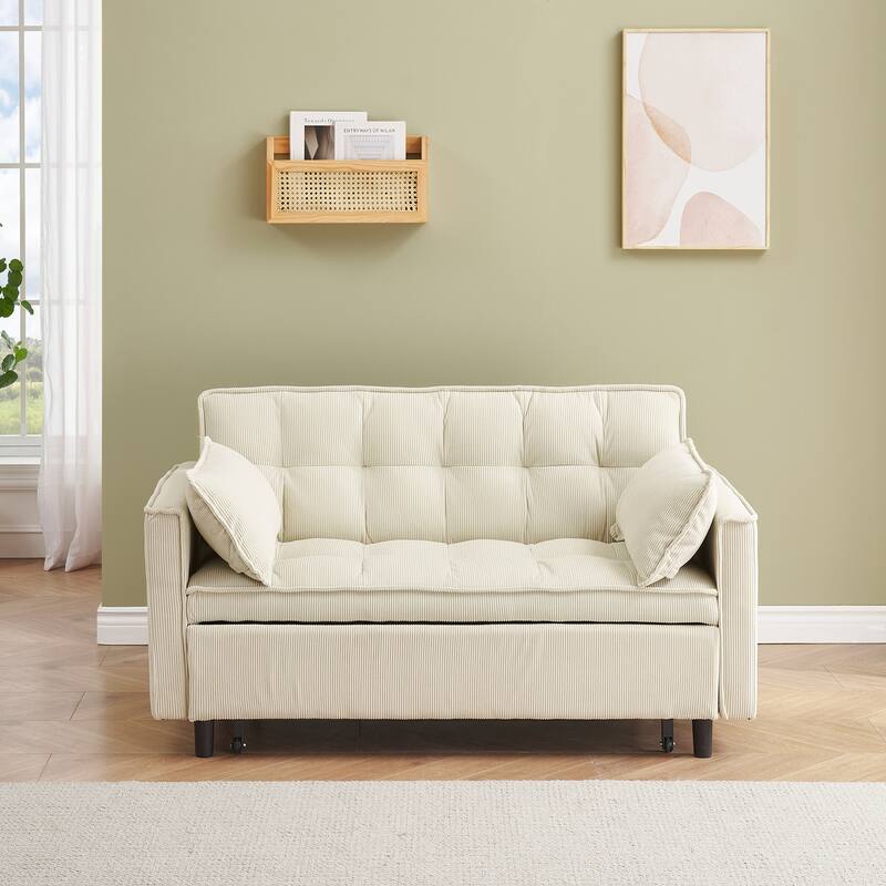 55" 3-in-1 Double Pull-Out Sofa Bed for Living Room - Corduroy - Beige