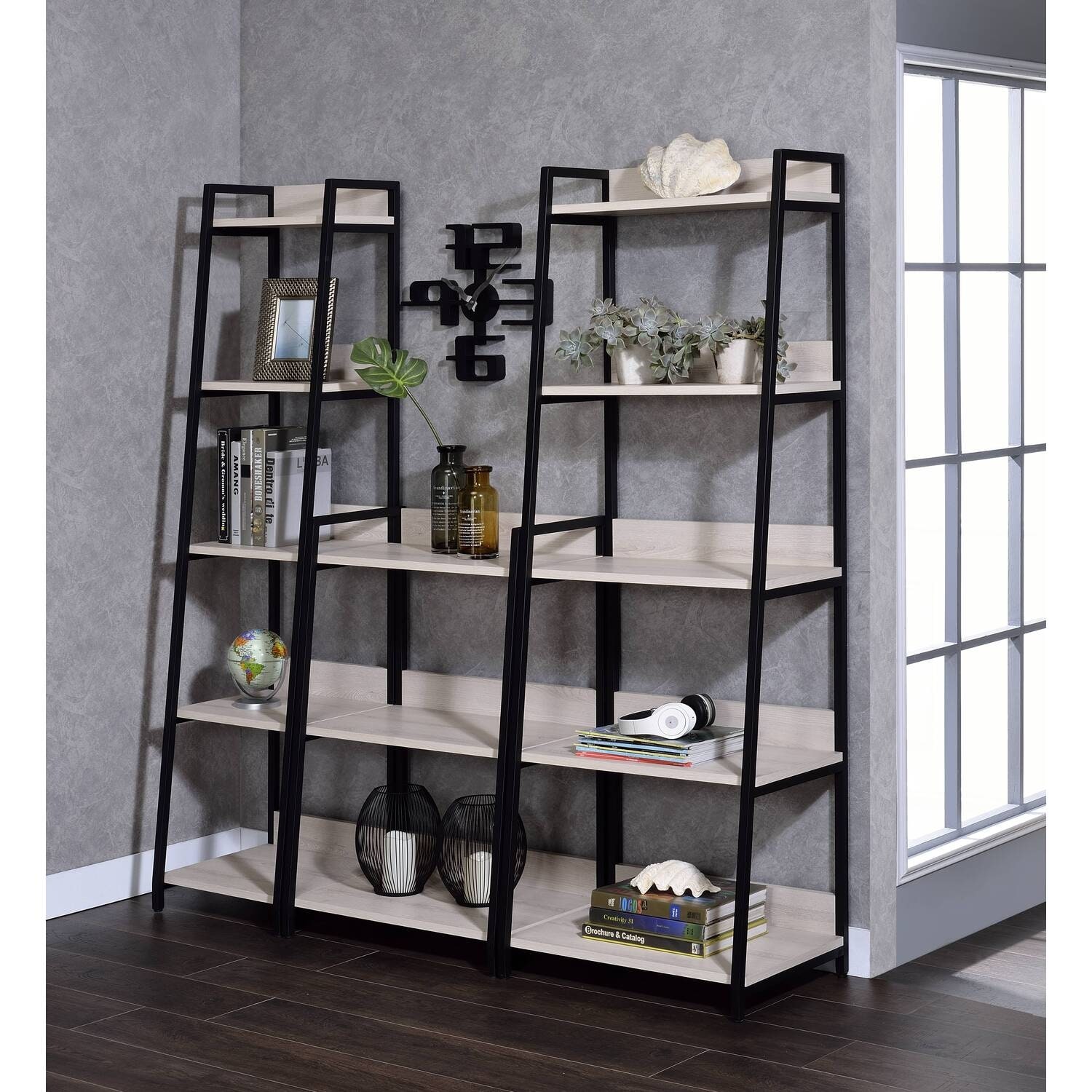 Modern Bookshelf Ladder Design - Natural Black Finish - Home Office Storage - 24