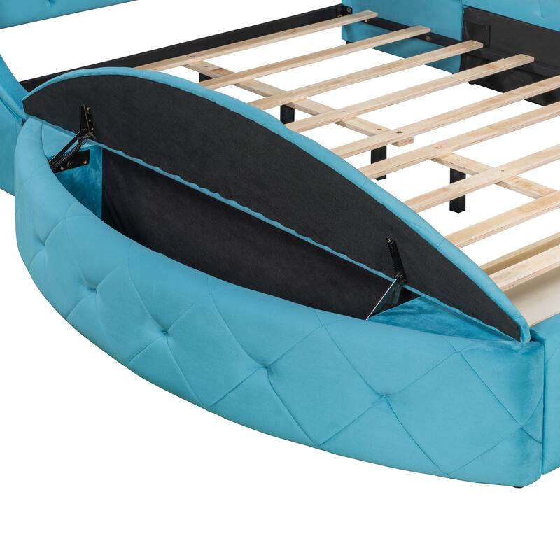 Upholstered Platform Bed Queen Size Storage Velvet Bed with Wingback Headboard and 1 Big Drawer,2 Side Storage Stool