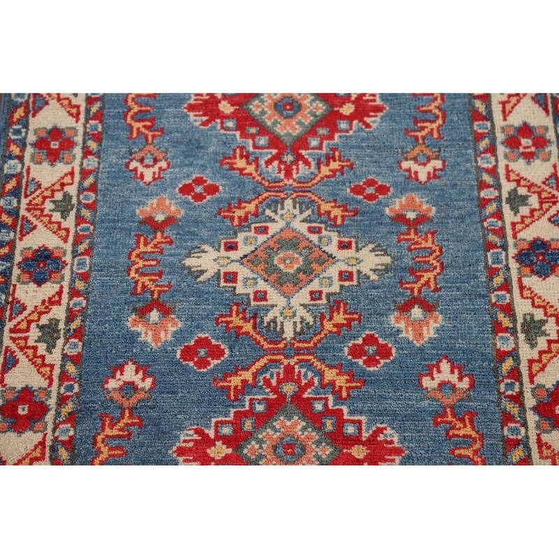 Blue Geometric Kazak Oriental Foyer Rug Handmade Wool Carpet - 2'1" x 2'10"