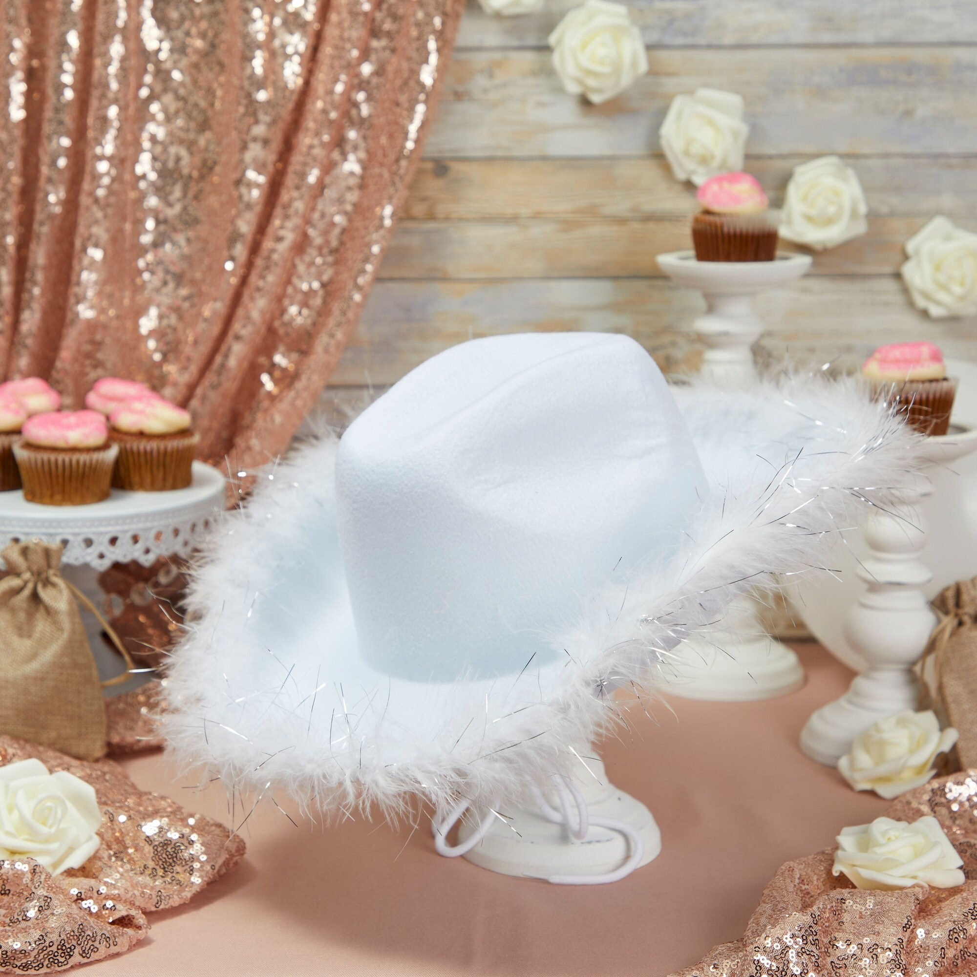 White Cowboy Hat with Feathers for Women, Men, Fluffy 