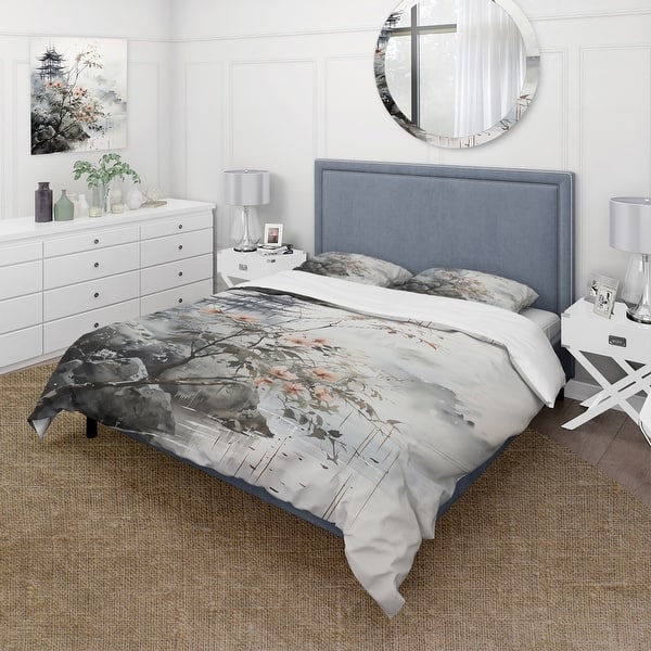 slide 2 of 7, Designart "Asian Art Sumi Bird Serenity XIV" Grey Global - Bedding Cover Set With Shams