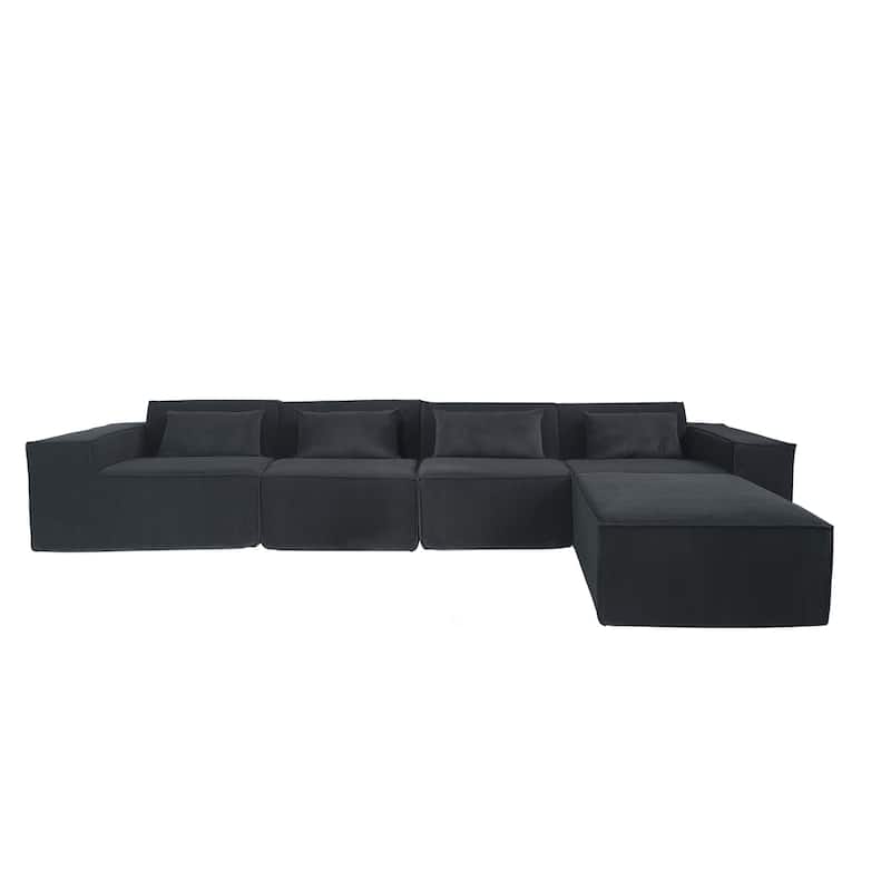 L-shape Corduroy Sectional Sofa with Ottoman, Flexible Combinations 5-Seater Living room Couch