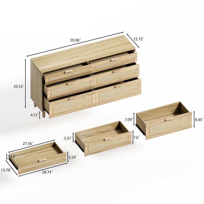 Rattan Dresser with 6 Drawers, Wide Chest of Drawers Storage Cabinet with Metal Handles and Wood Legs for Bedroom and Hallway