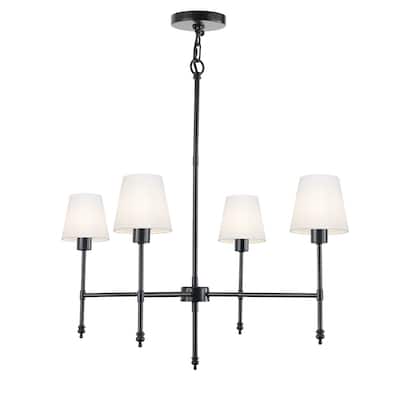 Brava 4 light Iron Frame Chandelier in Matte Black with Linen shade - 28.3"H x 26.3"W x 26.3"D
