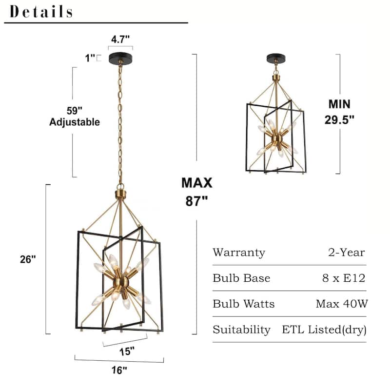 Modern 8-Light Black Gold Geometric Chandelier Metal Ceiling Square Pendant Lighting for Kitchen Island