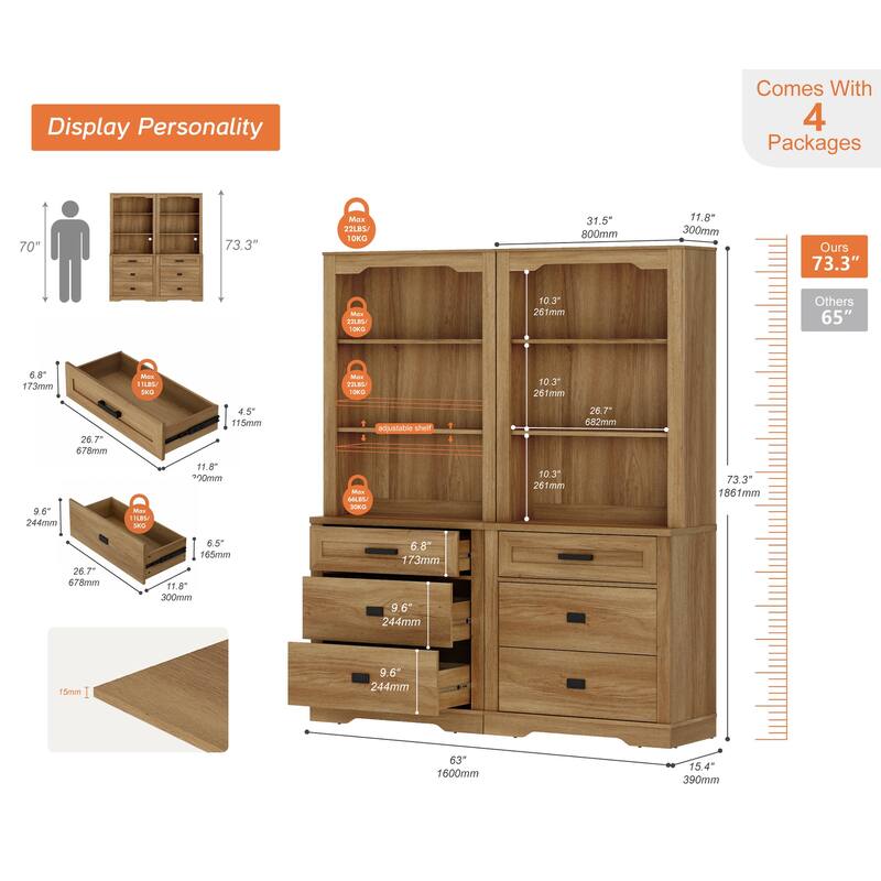 3 Tier Bookcase with Drawer,73.3" Tall Floor Standing Bookshelf
