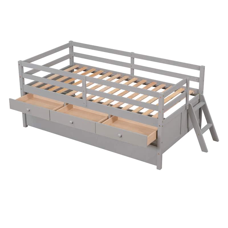 Solid Wood Low Bed with Full Safety Fence, Climbing ladder,Storage Drawers and Trundle