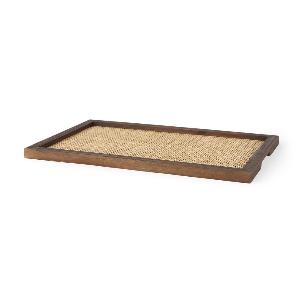 Silas Medium Brown Wood With Cane Rectangular Tray