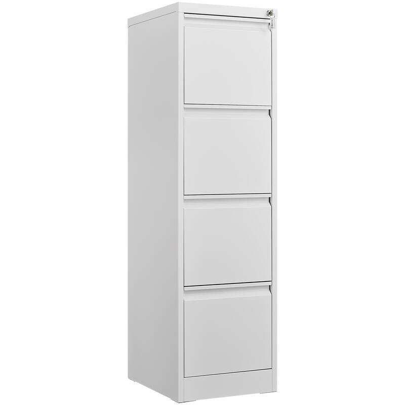 4-Drawer Locking Vertical Storage Cabinet, Office Filing Cabinet with Full Extension Drawers & Adjustable Hanging Rods - White