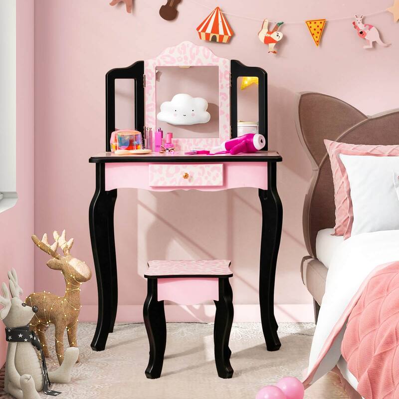 Pink MDF Vanity Set with Removable Tri-Folding Mirror and Leopard Print Perfect Gift for Kids - 24" x 11" x 38.5" (L × W × H)
