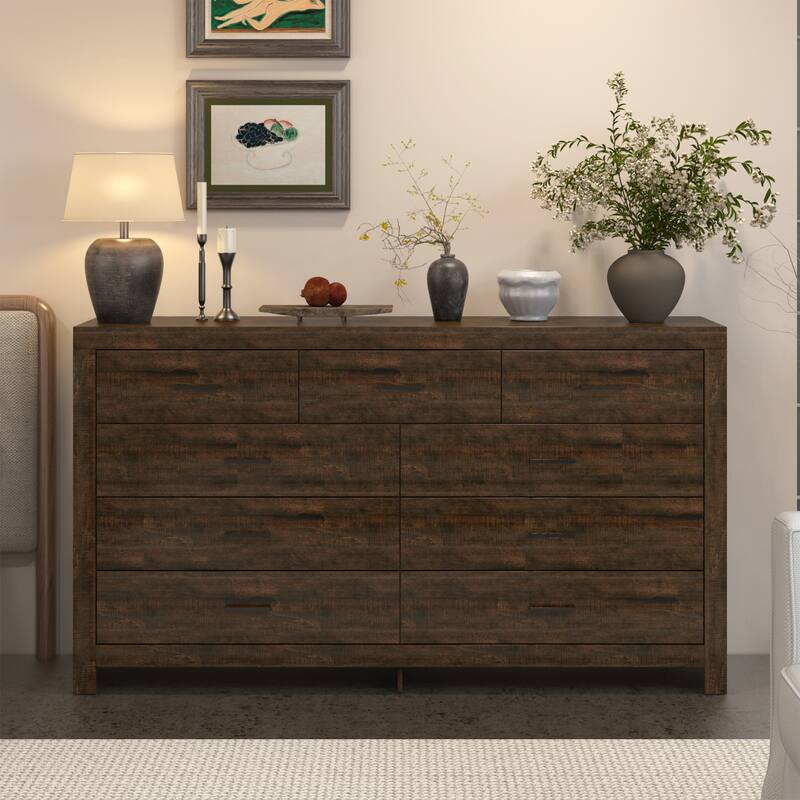 Elegant Wood - grain Nine - drawer Dresser: Spacious Storage, Modern Design & Quality Details - Brown