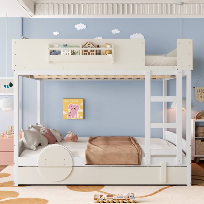 Kids Bed Wooden Bunk Bed with Trundle and Built-in Storage Bookshelves - Beige+White - Queen