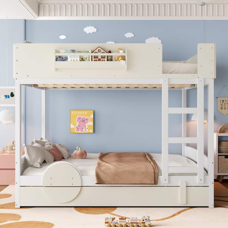 Queen/Full Bunk Bed with Trundle, Built-in Bookshelf & Safety Guardrail, Automobile Design