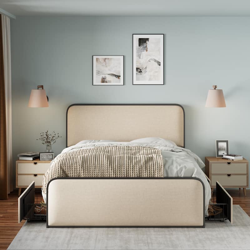 Modern Queen Size Metal Storage Bed Frame w/ Curved Upholstered Headboard and Footboard Bed & 4 Storage Drawers, Beige