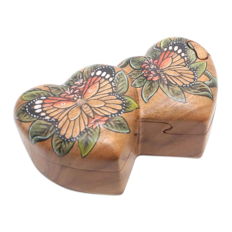 Novica Handmade Twin Butterfly Hearts Wood Puzzle Box