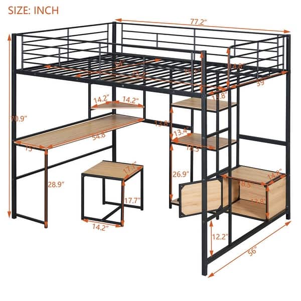 dimension image slide 1 of 2, Full Size Metal Loft Bed with Bulit-in Desk and Stool, Heavy Duty Loft Bedframe with Cabinet and Open Storage Shelves for Kids