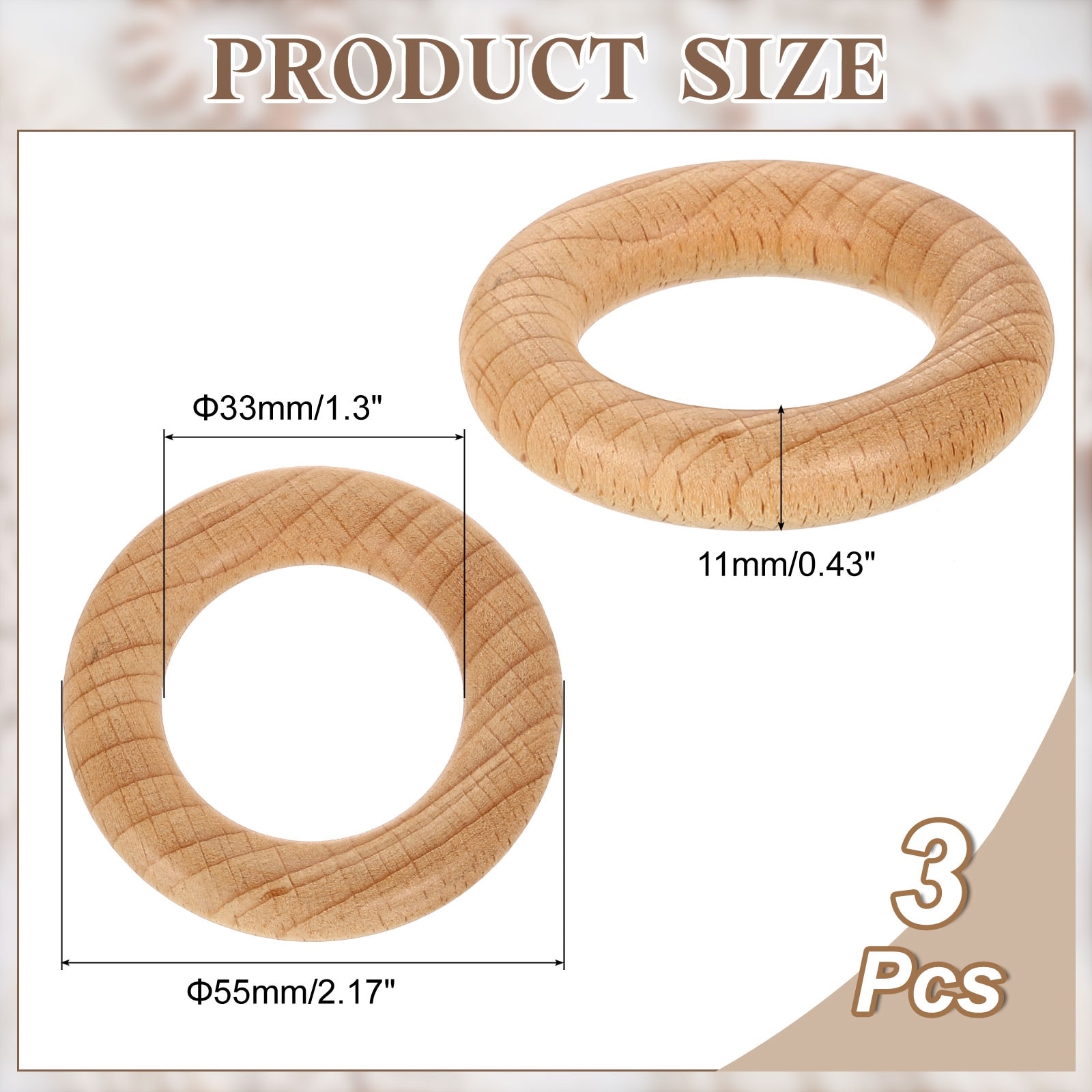Wood Rings, Natural Beech Solid Wooden Rings Smooth Unfinished Wooden Circles