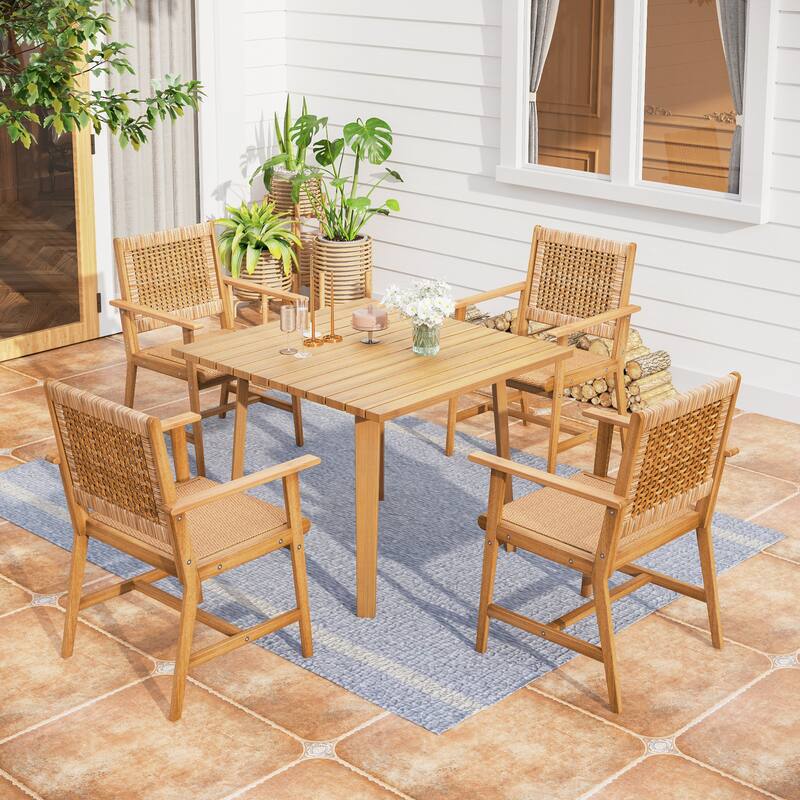 MAISON ARTS 5/7/9-Piece Acacia Wood Outdoor Dining Set, Teak Wooden Table & Dining Chairs with Wicker Seat and Back
