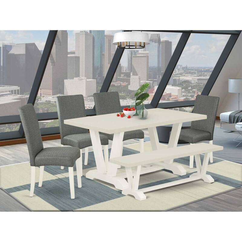 HomeStock 6-Pc Rectangle Natural Oak Finish Solid Wood Top Dining Table with 1-Bench, 4-Chairs
