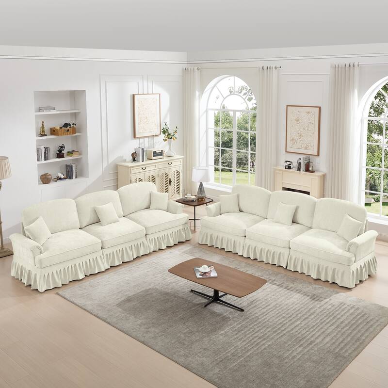 GDFStudio - Classic Chenille 3-Seater 107" Modular Sofa Set with Flared Arms and Removable Ruffles Pleats Skirts (Set of 2) - Beige+White