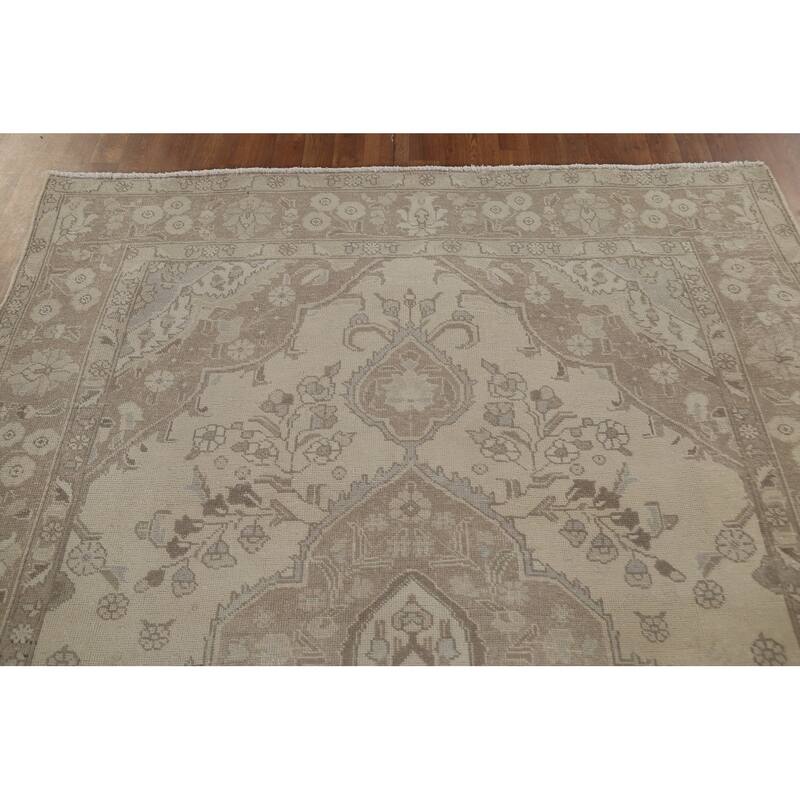 Distressed Beige Tabriz Persian Vintage Rug Hand-Knotted Wool Carpet - 6'4"x 9'3"