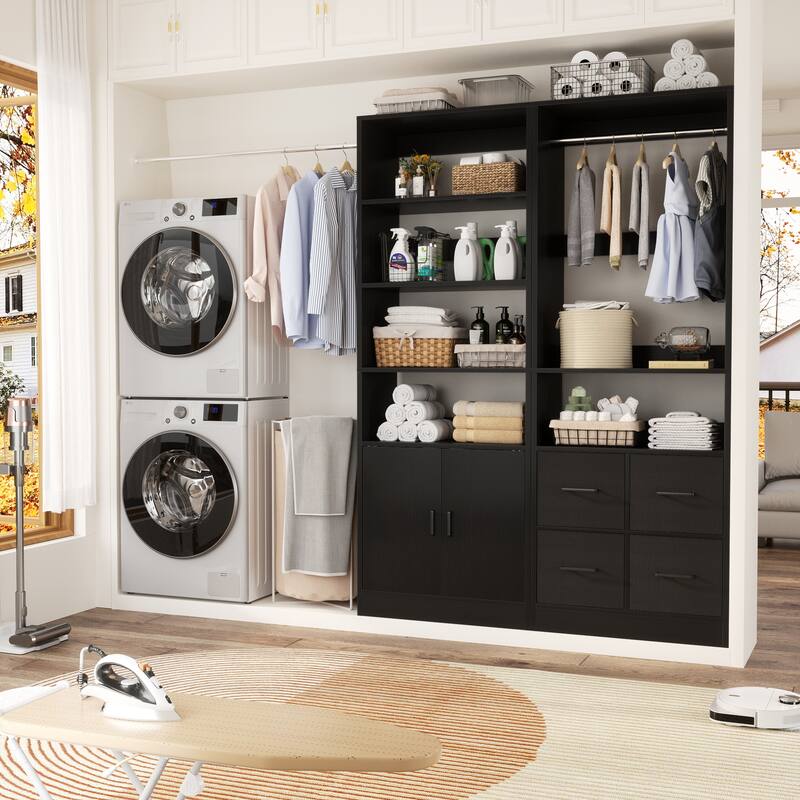 Rackcog Set of 2 Closet Organizer with Cabinet and Drawers, Closet System with Adjustable Hanging Rods and Shelves