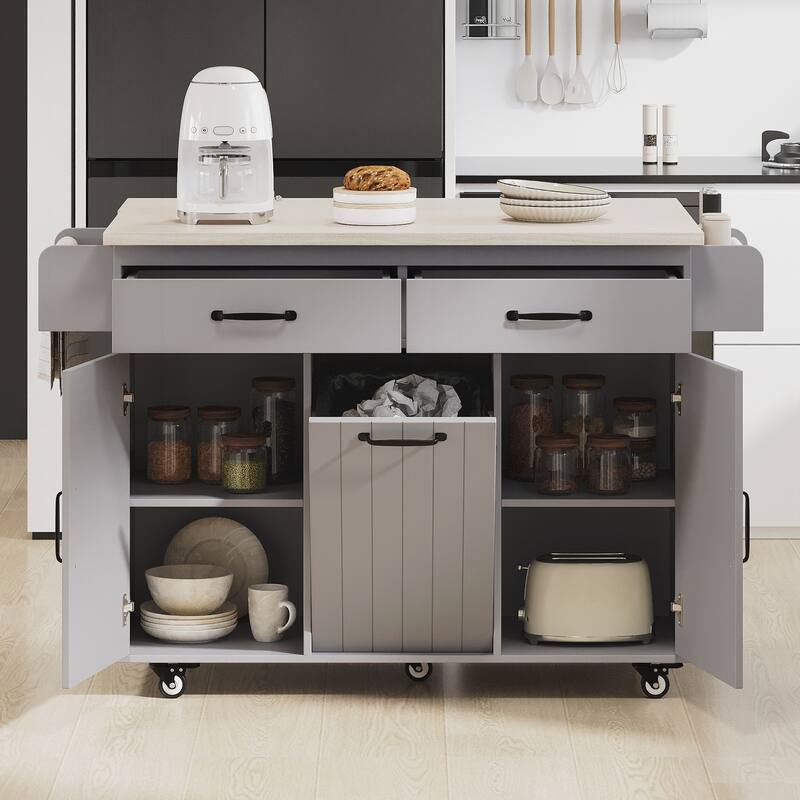 Kitchen Island with Trash Can Storage Cabinet, Kitchen Cart with Drop Leaf, Spice Rack