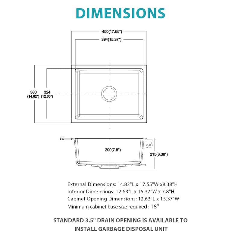Kitchen Sink 14.82" x 17.55" x 8.38" Granite Composite Undermount Single Bowl Kitchen Sink