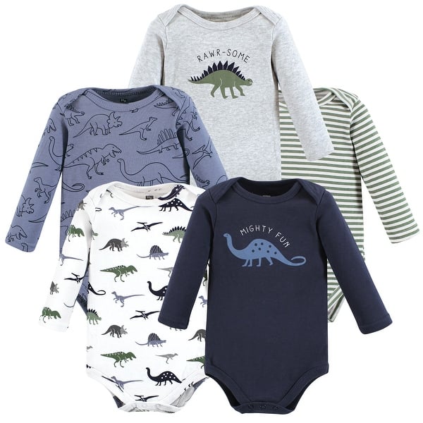 slide 1 of 1, Hudson Baby Cotton Long-Sleeve Bodysuits, Blue Green Dino 0-3 Months - Blue Green Dino