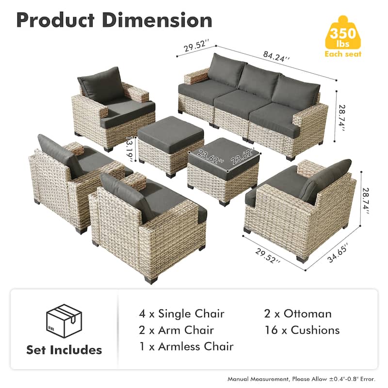 OVIOS 9 Pieces T shaped Seat Wide Armrest Set With Ottoman