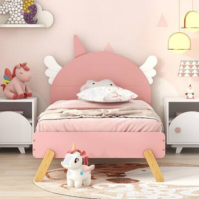 Wooden Cute Bed With Unicorn Shape Headboard