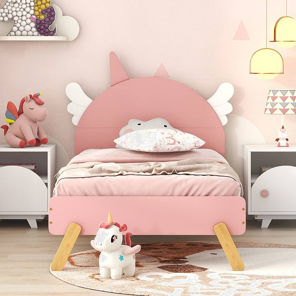 Wooden Cute Bed With Unicorn Shape Headboard