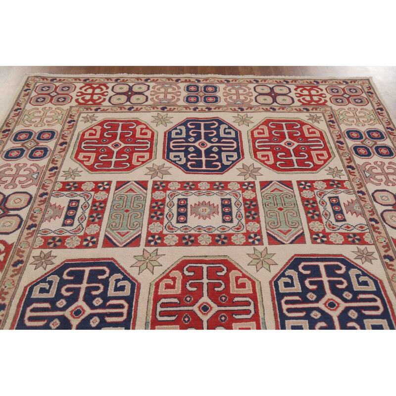 Hand Knotted Oriental 100% Wool Carpet Traditional Geometric Beige & Ivories Kazak Area Rug - 9' 7'' X 6' 7''