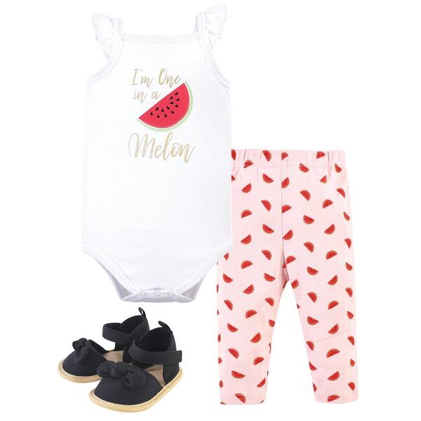 slide 1 of 1, Little Treasure Baby Girl Cotton Bodysuit, Pant and Shoe 3pc Set, Watermelon 0-3 Months - Watermelon
