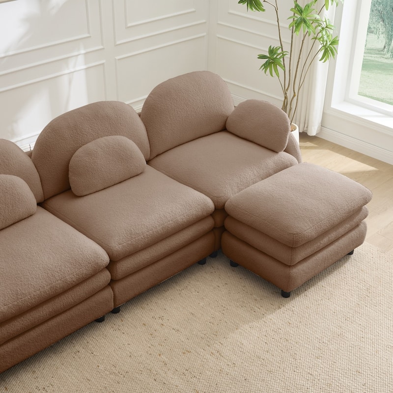 98.2" Teddy Fabric Sectional Sofa with Curved Pillows and Ottoman